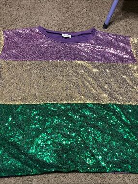 ladies Bibi madri gras-Purple, Gold & Green Sequin Stripe Top